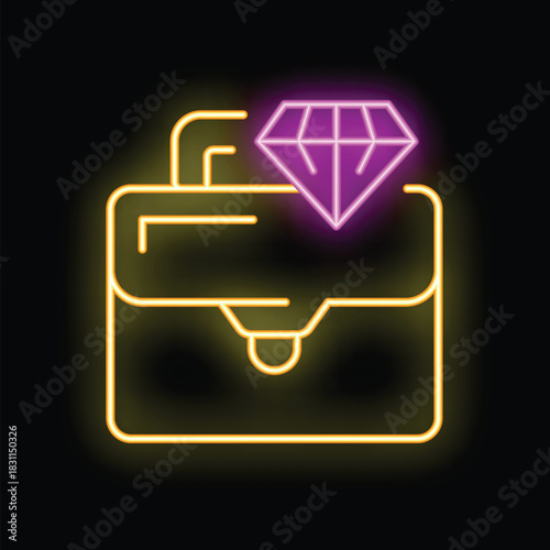Glowing neon icon of a briefcase with a shiny diamond on top, representing a valuable investment portfolio