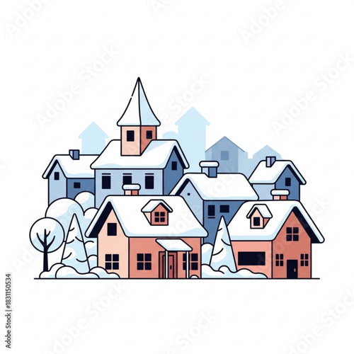 Winter village with houses and trees covered in snow  