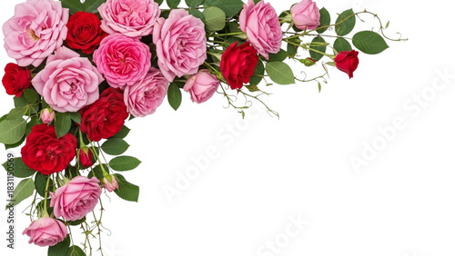 Pink and red roses with green leaves arranged in a corner on black pink rose flower