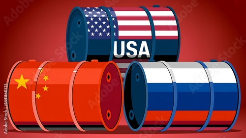 Global oil market concept with usa china and russia barrels in international energy trade
