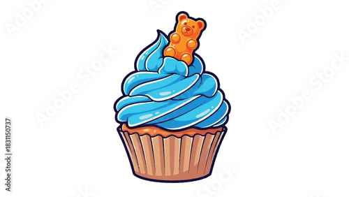 Cupcake with Blue Frosting and Gummy Bear Topping.