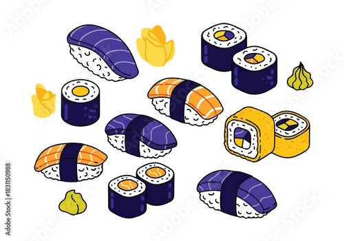 Isometric Sushi and Rolls Illustration with Various Toppings.