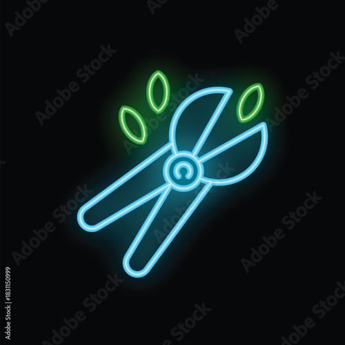 Glowing neon line garden shears icon isolated on black background. Gardening equipment. Vector illustration