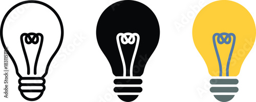 Conceptual light bulb symbol set showing creative idea generation and electrical illumination source.