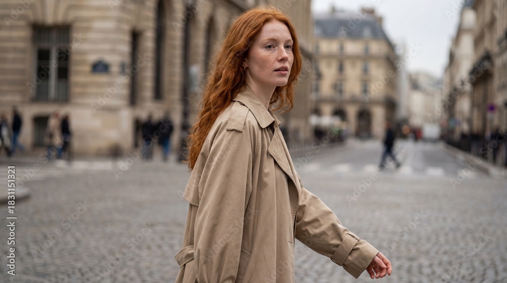 Fototapeta premium Redhead Woman in Trench Coat Walking in a European City