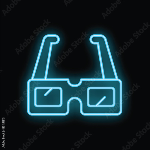 Blue neon sign glowing 3d glasses icon on black background represents entertainment, technology, and visual experiences