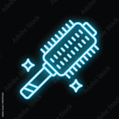 Neon blue hairbrush icon glowing on black background