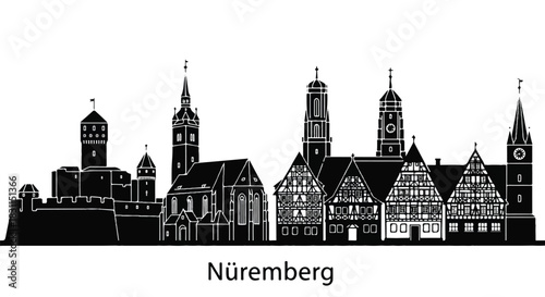 Nuremberg Germany City Skyline Black and White Silhouette Illustration.