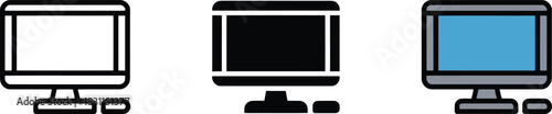 Digital vector icons showing monitor desktop computer setup screen device and peripheral hardware