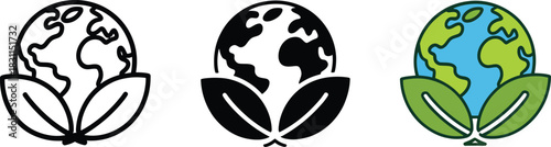 Outline icon of earth globe surrounded by leaves representing ecology conservation sustainability