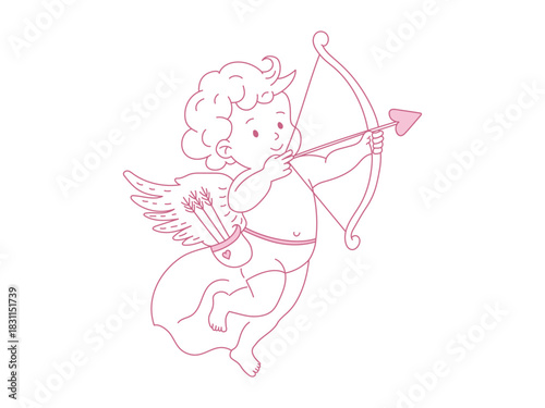 Valentine cupid hand-drawn vector illustration, pink cherub in doodle style aims a heart arrow,spreading love for happy Valentine's Day.Romantic child character,heaven boy with wings.Valentine clipart
