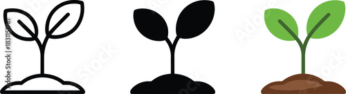 Outline icon of young seedling plant growing in soil representing agriculture and new life