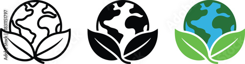 Outline style icon representing earth protected by two leaves symbolizing ecology and nature conservation