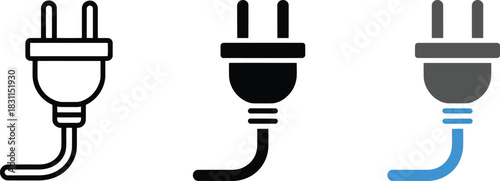 Power connection symbol set showing electric plug with curved cable for charging devices.