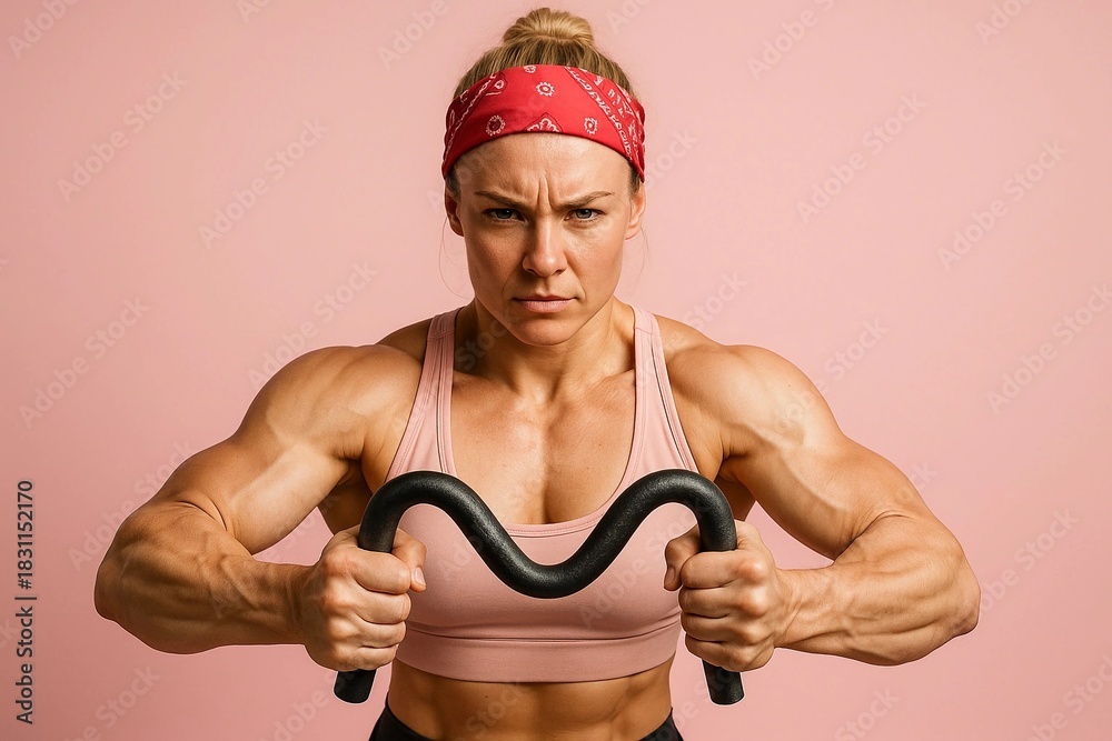 Fototapeta premium A pumped-up girl bends iron with her bare hands. A strong woman.