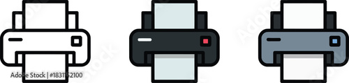Printer icon set illustrating outline solid and filled color styles for office document technology