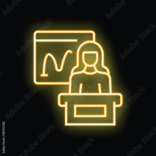 Yellow neon icon of a businesswoman giving a presentation pointing at a growing chart on a flip chart