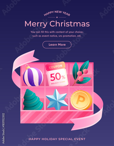 Creative Grid Flat Design vector illustration showcasing a 50% coupon, Christmas ornament, berries, and coin for holiday sale promotion.