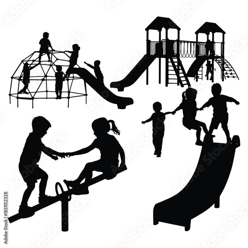 Silhouettes of children playing on a swing vector illustration art