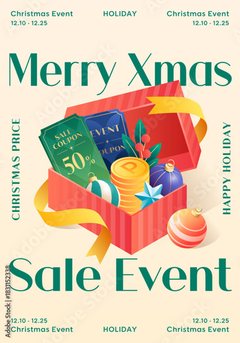 Vibrant Isometric vector illustration of a Christmas Sale Event with open gift box full of discount coupons, coins, and ornaments for promotion.