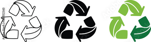 Recycle symbol icon collection showing outline solid and colorful styles for environmental conservation