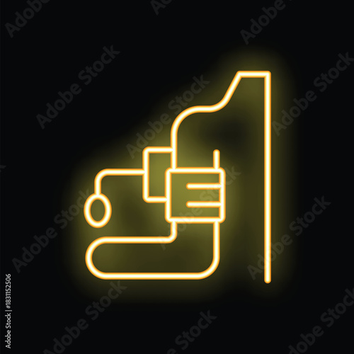 Yellow neon icon of a blood pressure cuff glowing on a black background