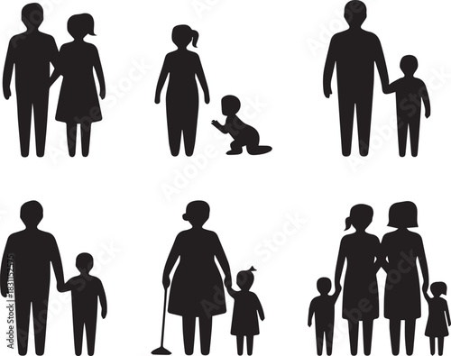 Silhouettes of a family, black and white vector, parents with children, isolated family figures, minimal illustration of togetherness and love