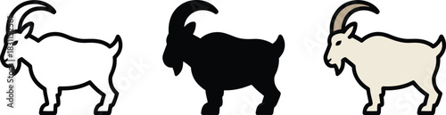 Ruminant ungulate goat vector design outline silhouette and flat color illustrations for ranch elements.