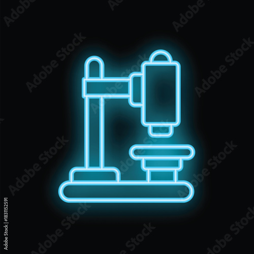 Glowing blue neon icon of a drilling machine with hydraulic press on a black background, perfect for industrial and manufacturing concepts