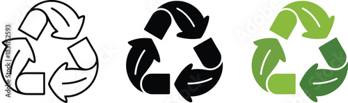 Recycle symbol icon collection showing outline solid and colorful styles for environmental conservation