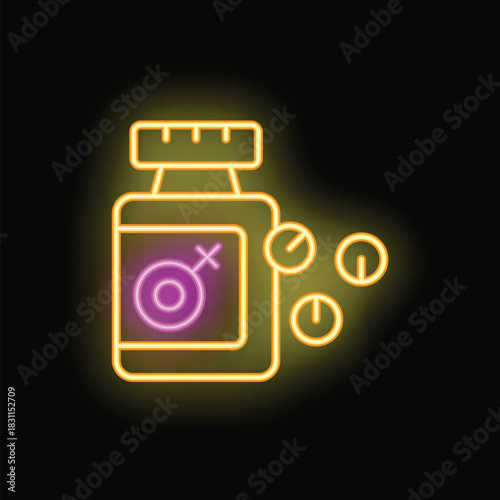 Neon sign representing a medicine bottle with a female sign on it, surrounded by pills, concept for women's health