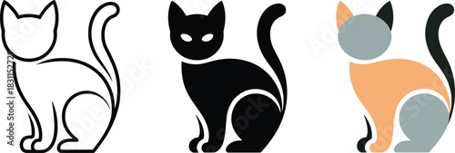Stylized sitting cat icons three variations geometric outline solid colored abstract shapes vector set.