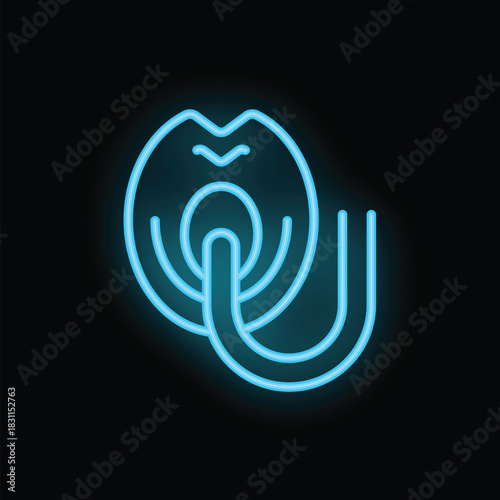 Blue glowing neon icon of a cpap machine, a common treatment for sleep apnea, on a black background