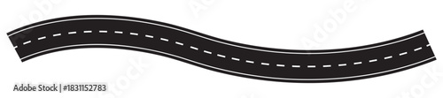 Highway path illustration showing winding asphalt road from top view. Vector street design with curves for travel maps, route planning and navigation concepts isolated on white.