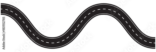 Winding road with curved highway path vector illustration. Asphalt street design for navigation maps, journey routes and transportation graphics isolated white background.