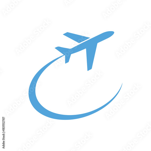 a vibrant blue airplane gracefully soars through a curved trail against a clean white background silhouette