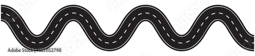 Highway path illustration showing winding asphalt road from top view. Vector street design with curves for travel maps, route planning and navigation concepts isolated on white.