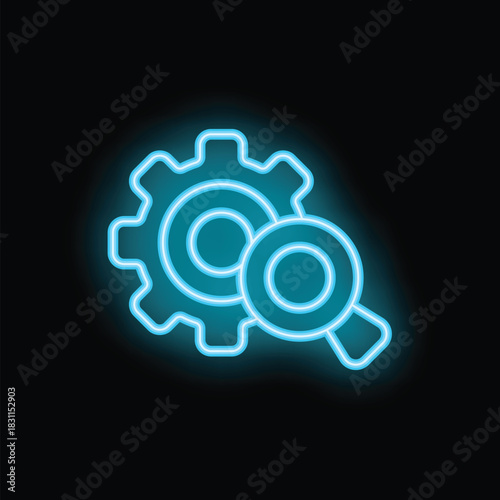 Glowing neon icon of a magnifying glass examining a gear, symbolizing search engine optimization and website analysis