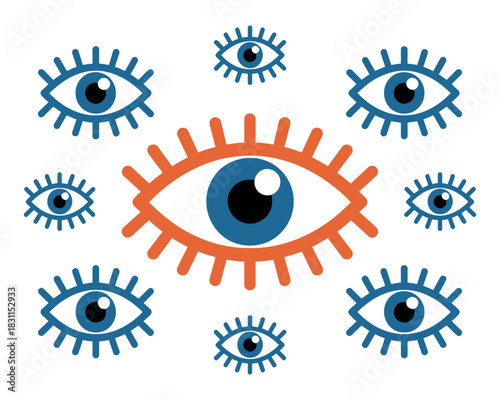 A collection of blue and orange eyes are arranged in a pattern against a white background.
