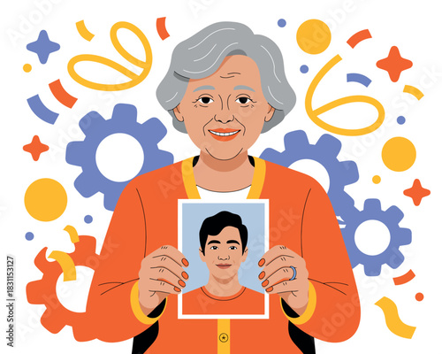 Elderly woman holds up a framed photograph of a younger man with celebratory decorations in the background.