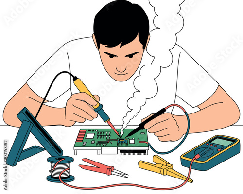 A person is soldering a circuit board with a soldering iron and tools spread out.