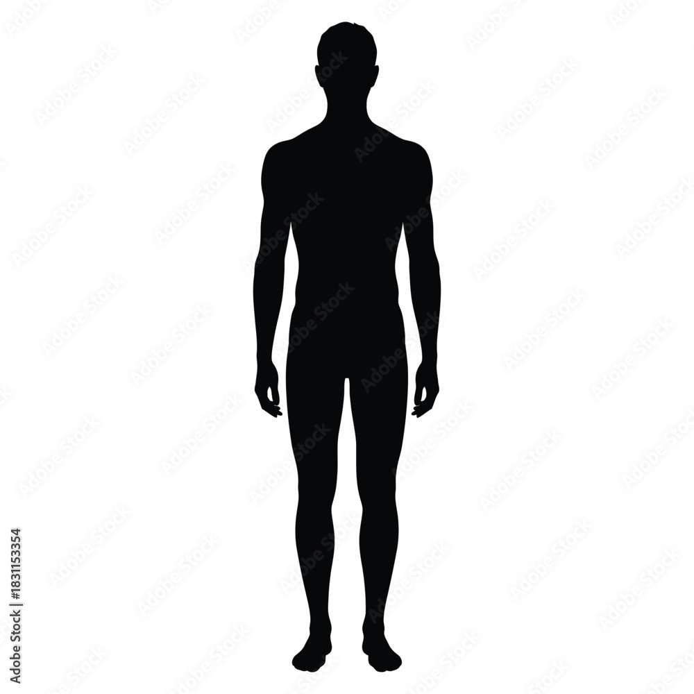 Fototapeta premium Silhouettes of standing human figures, including men, women, and a young boy, as black vector outline illustrations for fashion or fitness
