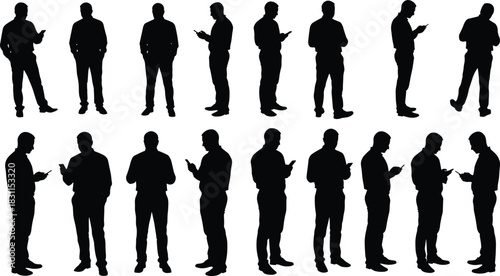 Businessman silhouettes, professional standing poses, smartphone usage, office lifestyle, leadership communication, modern technology, corporate career success illustration