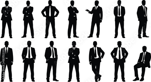 Businessmen silhouettes in suits, professional poses, office teamwork concept, leadership diversity, corporate lifestyle, career growth, success achievement