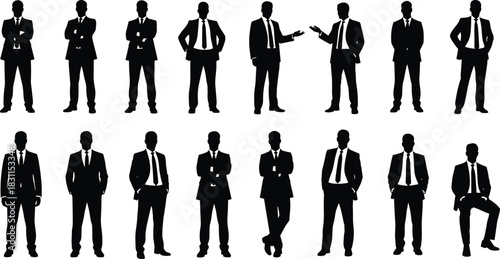Businessmen silhouettes in suits, professional poses, office teamwork concept, leadership diversity, corporate lifestyle, career growth, success achievement