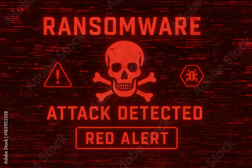 Ransomware attack detected red alert warning with skull and crossbones symbol on digital glitch background, cybersecurity threat concept with danger and alert signs