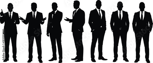 Businessmen silhouettes, professional poses, corporate teamwork, leadership concept, office communication, negotiation success, partnership growth, business strategy, career development