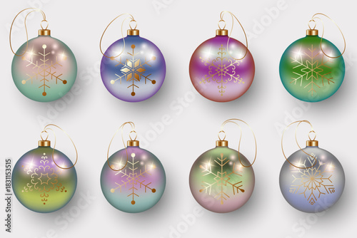 A set of eight rainbow Christmas balls with golden snowflake