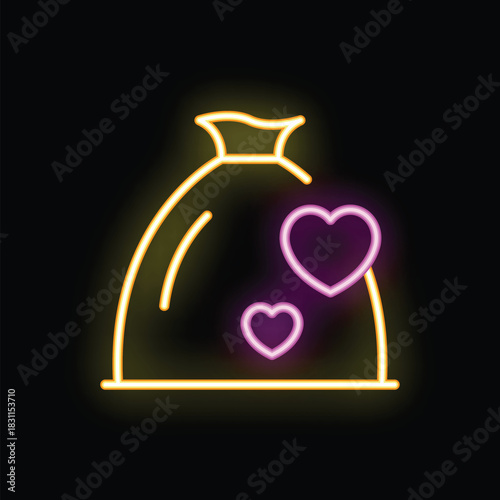 Neon sign depicting a bag overflowing with hearts, symbolizing charitable giving and the spirit of donation