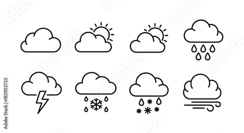 Simple line art icons depicting various weather conditions and forecasts